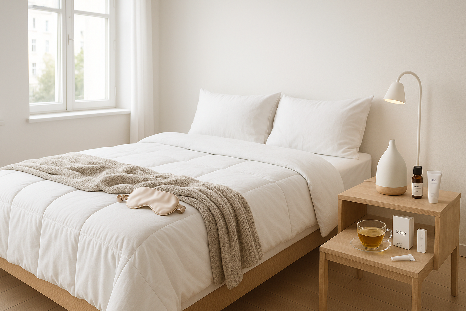 Scandinavian minimalist bedroom with night time essentials and sleep care products, weighted blanked and a throw blanket on the bed with an eye mask on top in a well lit airy room
